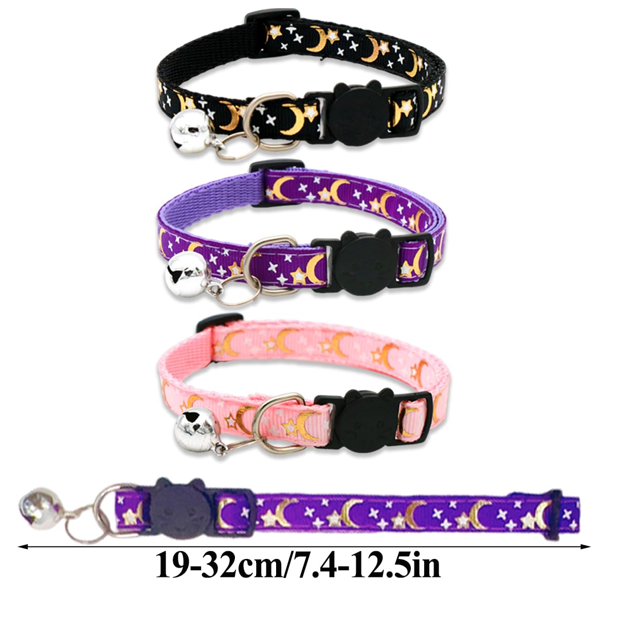 6 PCS Cat Collars Adjustable Kitten Collars with Moon & Stars Durable & Stylish Cat Collar Includes Bell for Sound Multicolour Breakaway Cat Collars for Cat Dog Kitten Puppy - Image 2