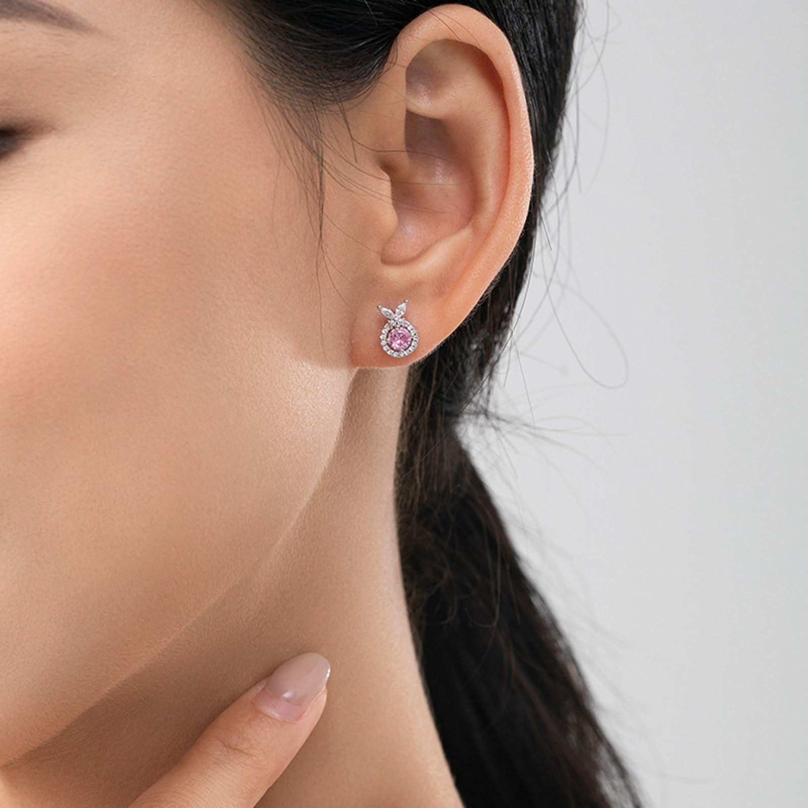 Pendientes de tuerca de oro blanco de 18 quilates para mujer, aretes de tuerca de moissanita de zafiro rosa creado AU750 para ella