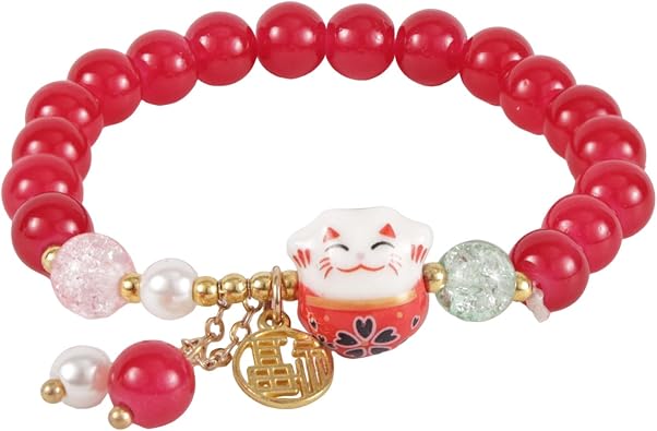 Mikovivi Lucky Cat Bracelet for Women, Maneki Neko Charm Bracelet with Crystal & Cat Pendant Feng Shui Good Luck Jewelry for Wealth & Protection