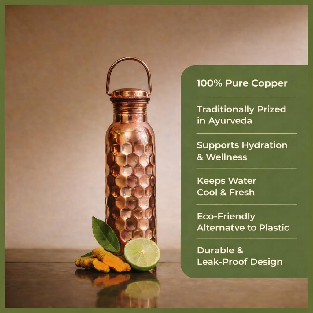 Premium Pure Copper Water Bottle – 32oz Honeycomb Design (Smooth Edge) – Leak-Proof Ayurvedic Copper Vessel for Daily Hydration – Handcrafted & Eco-Friendly