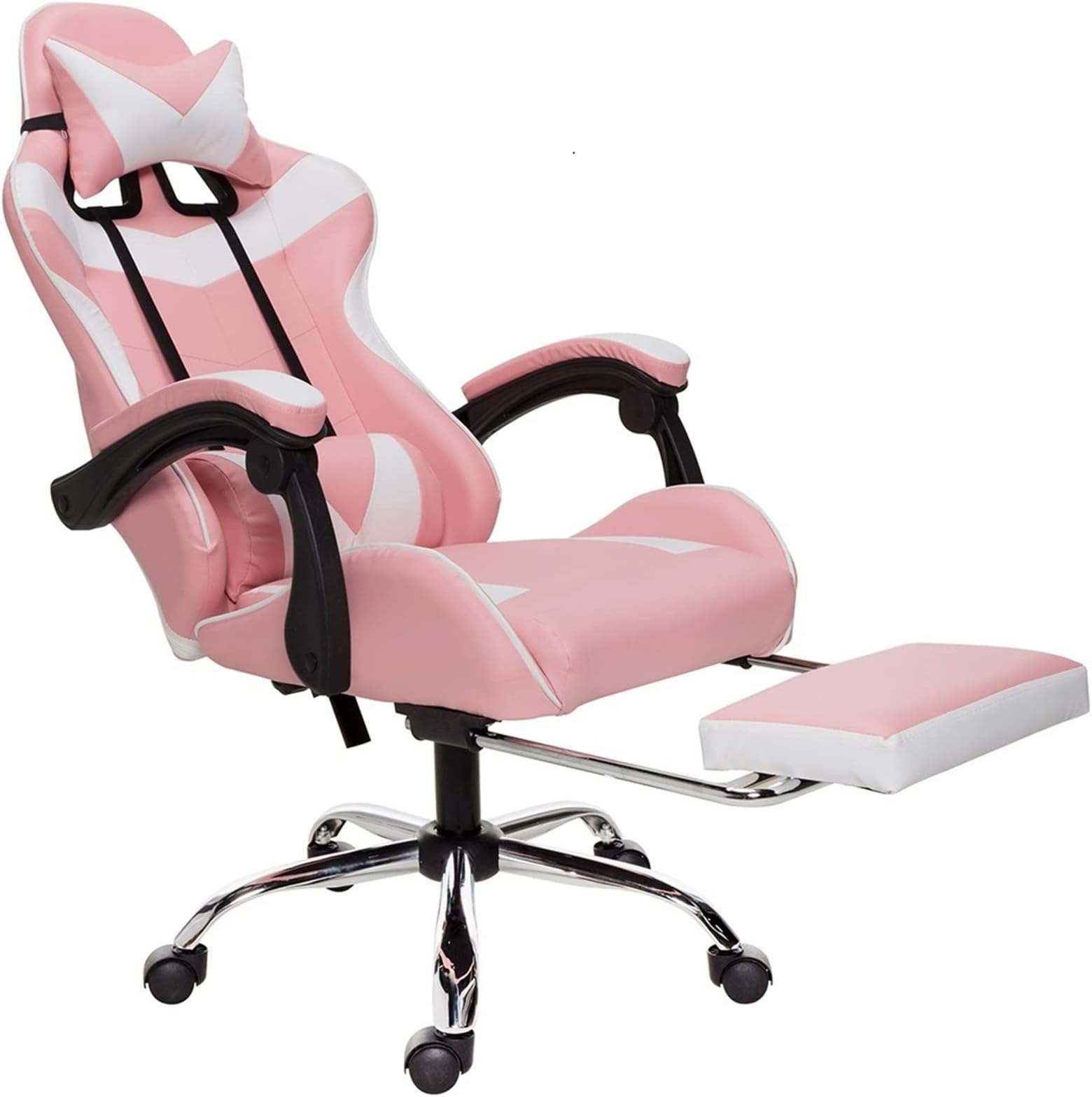 Gaming chair Ergonomic High Back Racing Chair Reclining Office Adjustable Height Rotating Lift Leather Gaming Footrest(Black and Pink)