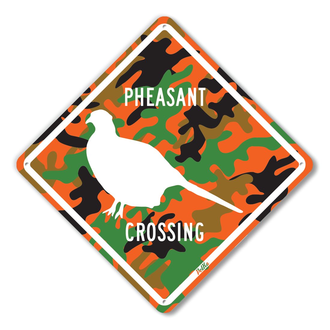 PetKa Signs and Graphics PKAC-0122-NA_10x10 "Pheasant Crossing" Aluminum Sign, 10" x 10", White on Orange Camo