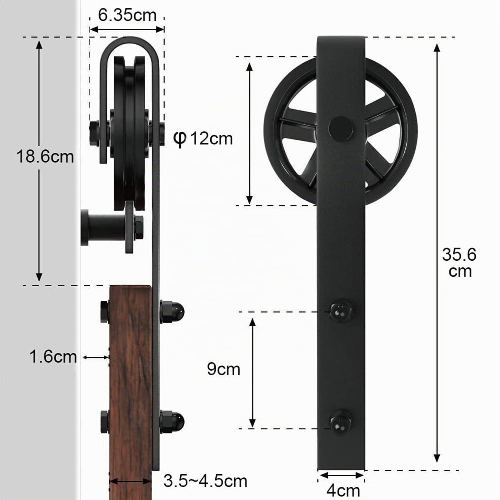 WINSOON 396cm Double porte quincaillerie pour les double portes coulissante | grange en bois antique roue de base à gros rayons noire Roller Kit Système de rail de support d'armoire de garage