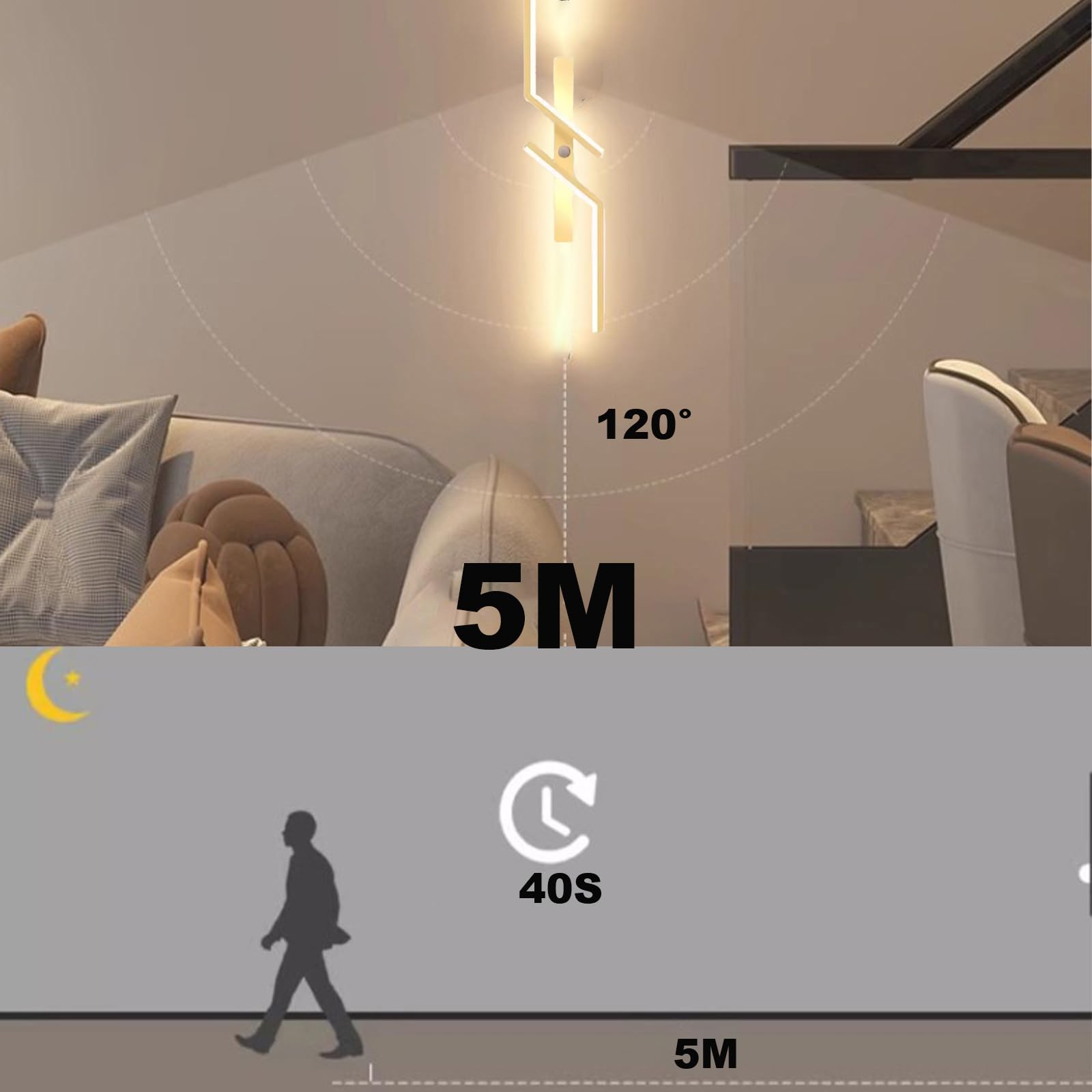 Aplique de Pared LED de Noche con Sensor de Movimiento, Moderno, Lineal, a Pilas, Tira Larga, Recargable por USB, de Metal, para pasillos y más (60 cm, luz Blanca Dorada). Learned (luz Neutra Negra,