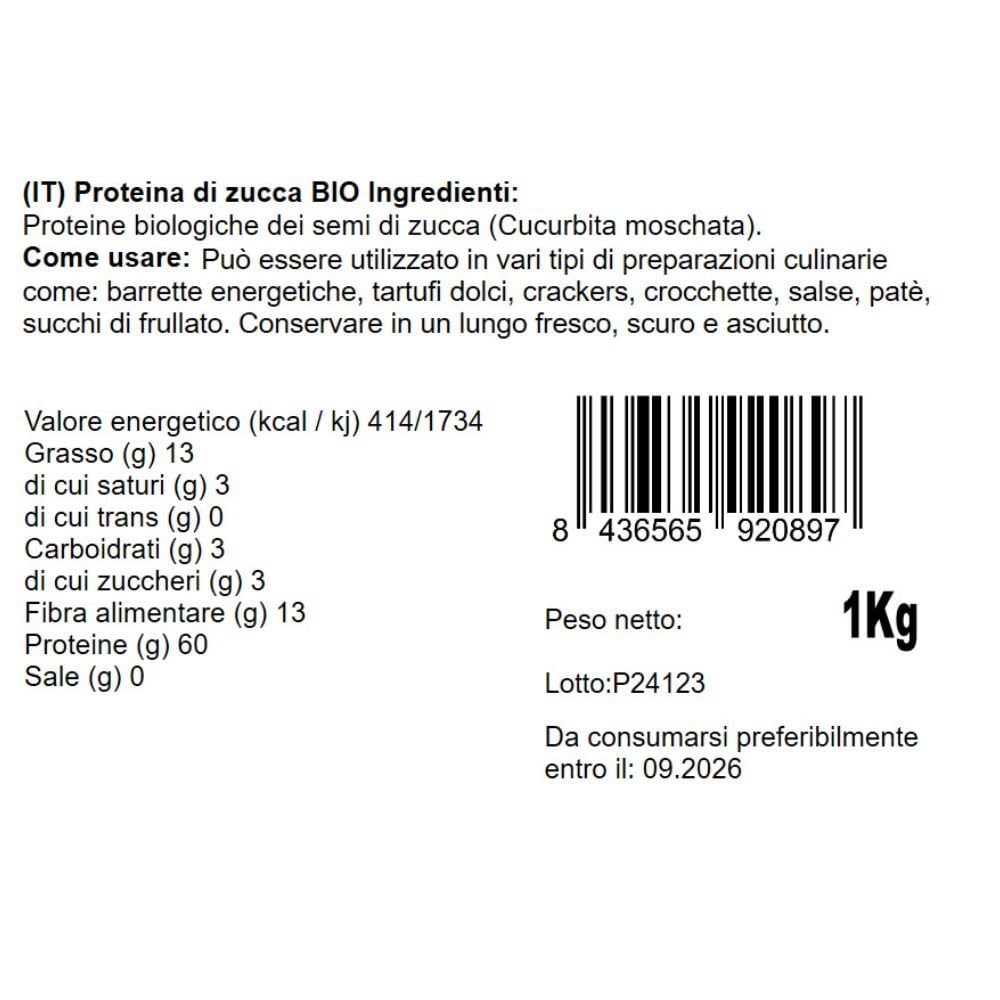 Energy Feelings Proteine Vegane di Zucca in Polvere Bio 1Kg - Vegan Protein Biologiche Senza Lattosio, Glutine nè Zuccheri Aggiunti - Nutrizione Sportiva