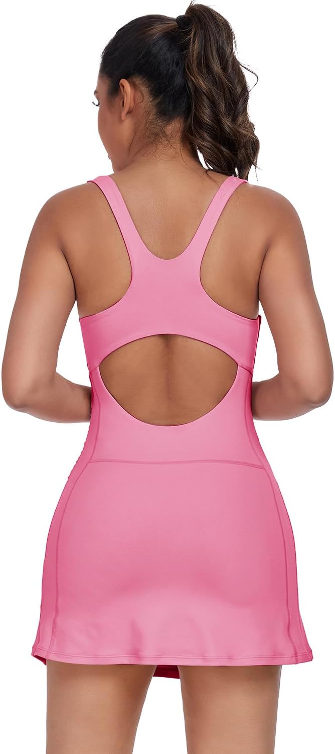 Women's Tennis Dress with Built in Shorts and Bra Workout Mini Dress Square Neck Athletic Skort Dress Golf Outfits