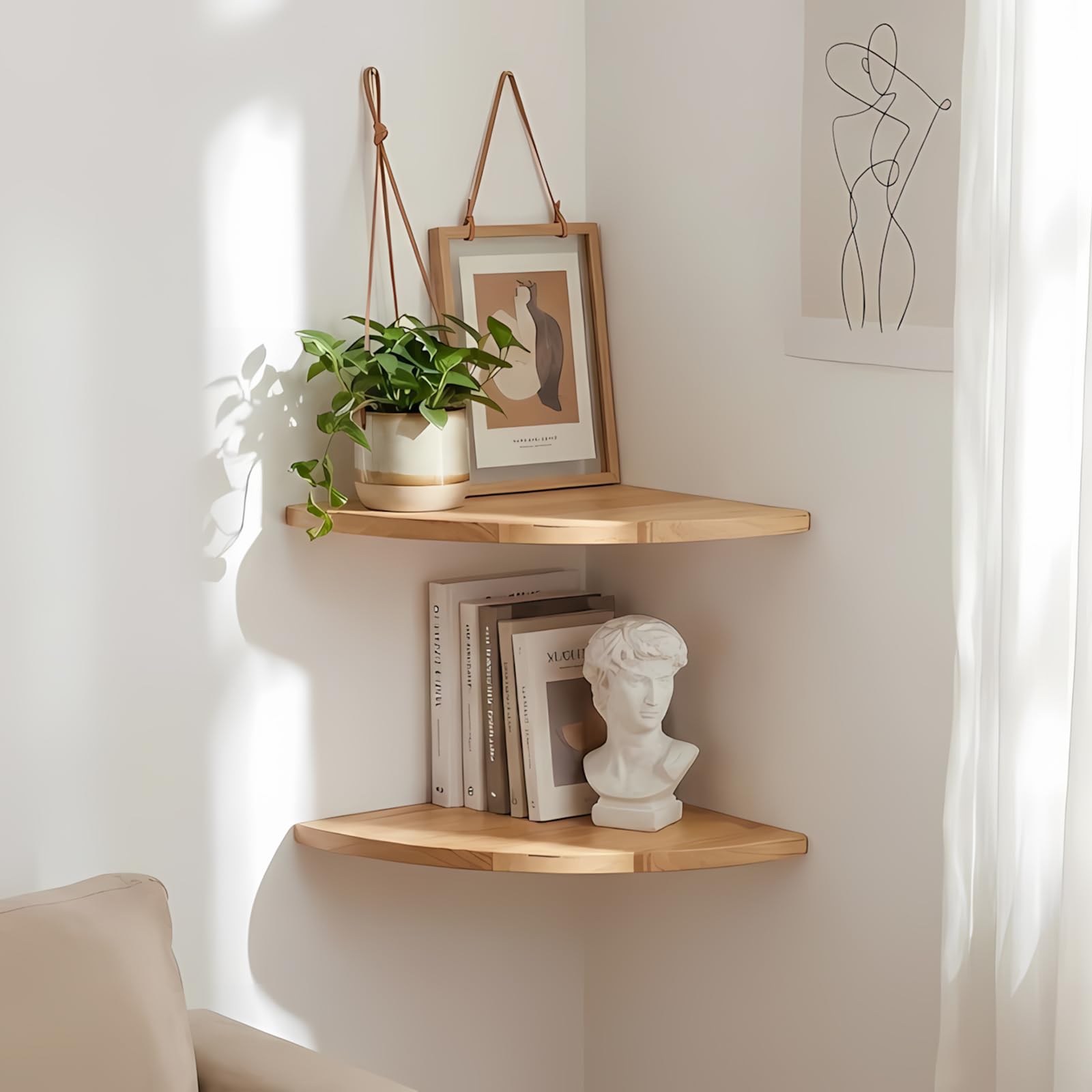 SUNNYNEST Solid Oak Wood Corner Shelf Wall Mounted, (18 * 18CM, 2 PCS), Floating Round End Corner Shelf with Cable Hole, Rustic 90° Corner Wall Shelf for Speaker, Small Plants, Photo Frames, Bedroom