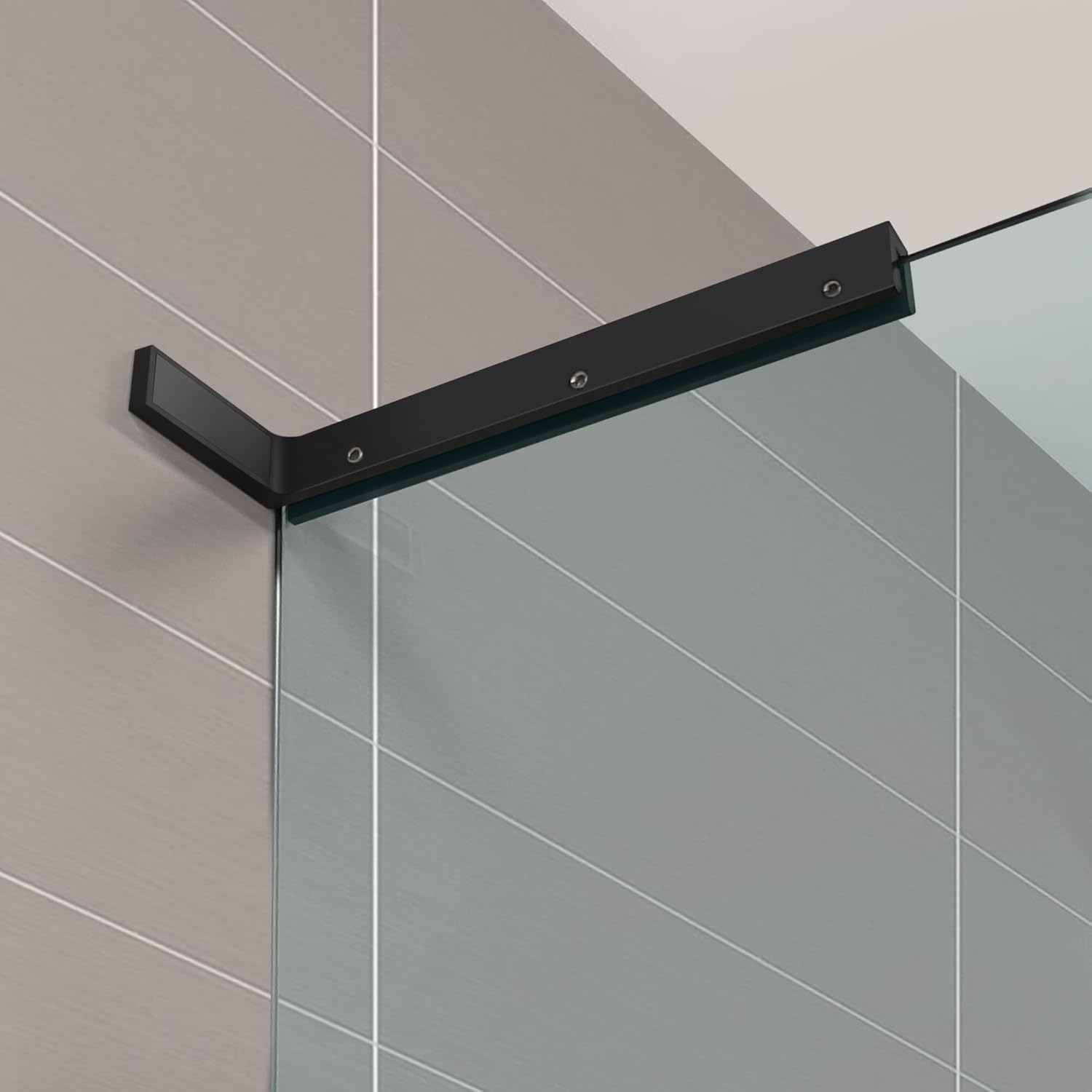 Shower Door Support Bracket, Stainless Steel Stabilizer Brace for 1/4"(6mm) 5/19"(8mm) 1/2"(10mm) Framless Shower Glass Door, 9.45 Inch Long, 3.4 Inch Right Bar, Matte Black (Glass on Right)