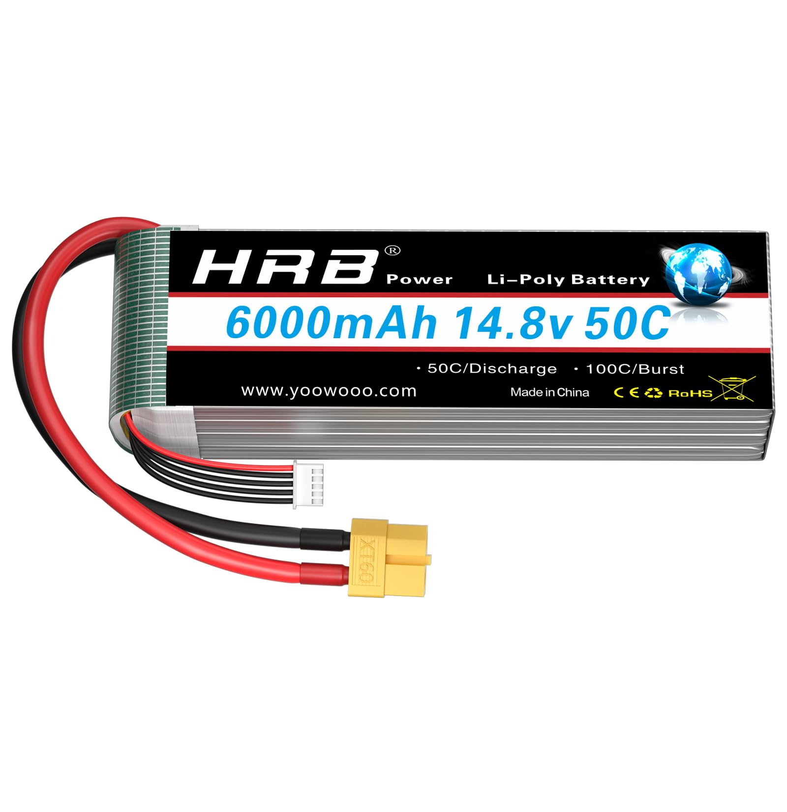 HRB 14.8V 6000mAh 4S Lipo Battery Pack 50C with XT60 Plug Compatible with RC Airplane, RC Helicopter, RC Car, RC Truck, RC Boat