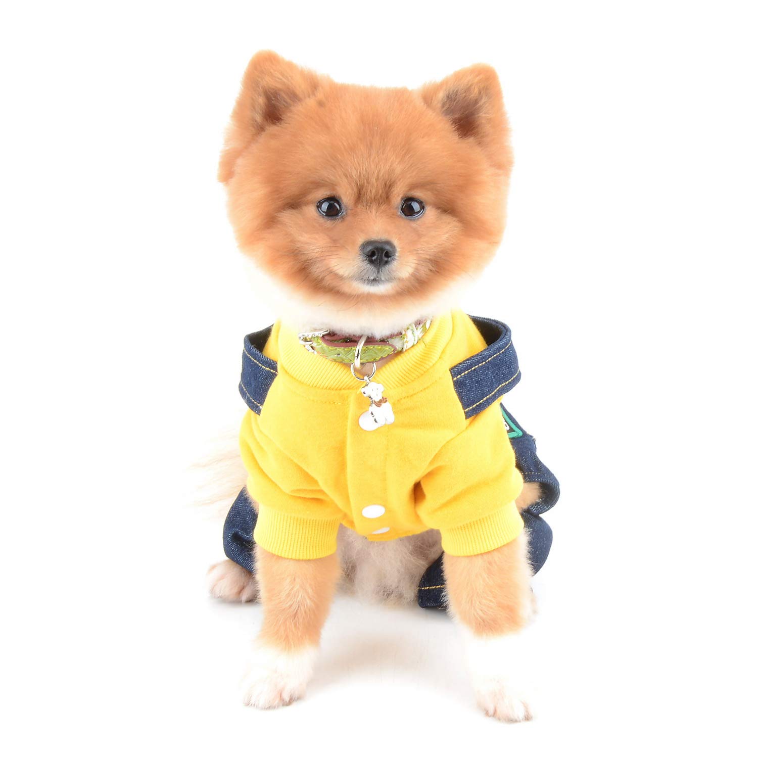SELMAI Chihuahua Overalls – Jeans-Look Mit Trägern, 4 Beine, 2 Taschen, Baumwolle (Gelb, XS)