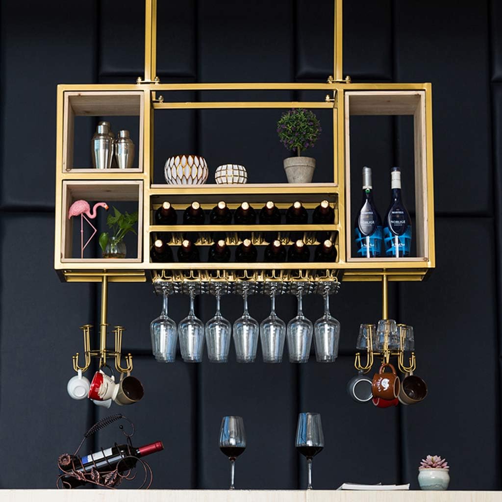 Solid Wood Ceiling Hanging Wine Rack Storage Holder Metal Cabinet Wine Bottle Rack Wine Cooler Decorative Display Shelves,Store 30 Bottles of Wine Bar Dining Room Furniture