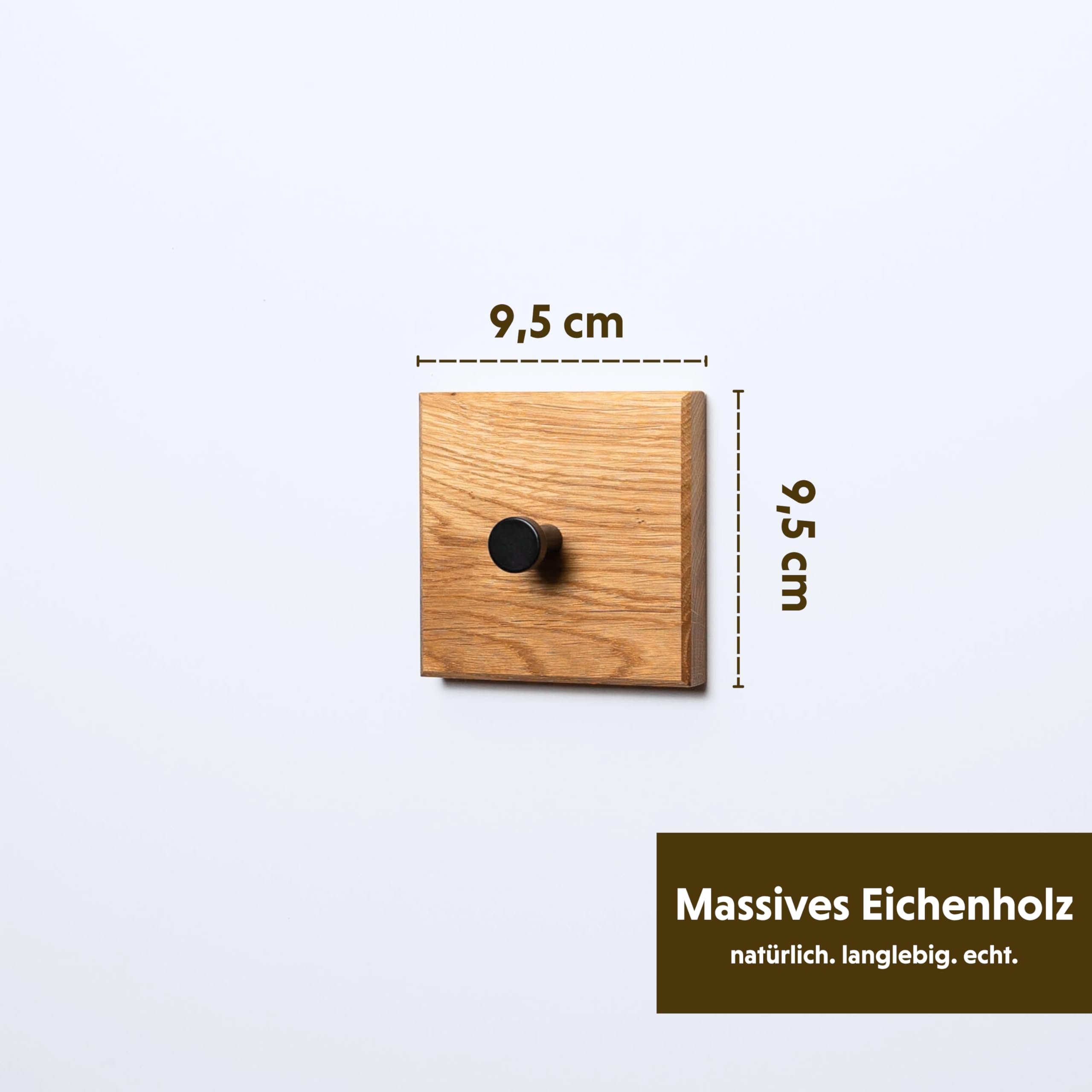 WOODS Garderobenhaken aus Holz quadratisch mit Klebepad I unsichtbare Montage ohne Bohren I einzeln oder als Garderobenleiste I Hakenleiste Handtuchhalter (Eiche, Schwarze Haken, 3 Stück)