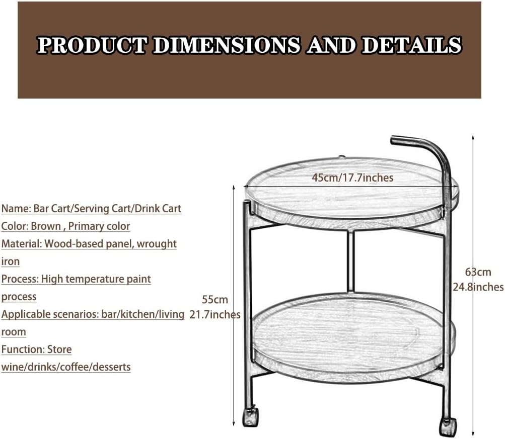 Bar Cart with Wheels Vintage Vintage Country Style Round Shape Serving Cart, Restaurant Double Layer Wrought Iron Drink Cart, Housewarming Gift (Color : Brown, Size : 63 * 45cm)