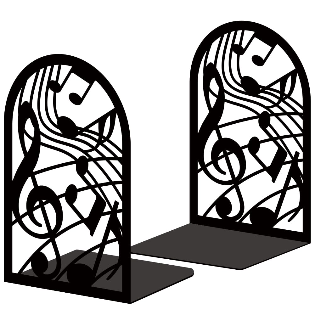 BEUNITONE Musical Metal Book Ends Non-Skid Black Unique Bookend Decorative Heavy Book Ends for Shelves Heavy Duty Study Book Support Stoppers for Desk Musical Note 7x4.7x3.5 inch 1 Pairs/2 Pcs