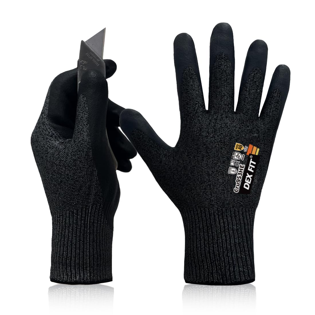 DEX FIT Cru953HE A9 Cut Resistant Gloves, ESD Touchscreen, Power Grip for Metal Stamping, Glass & Construction, Black, XL, 1 Pair