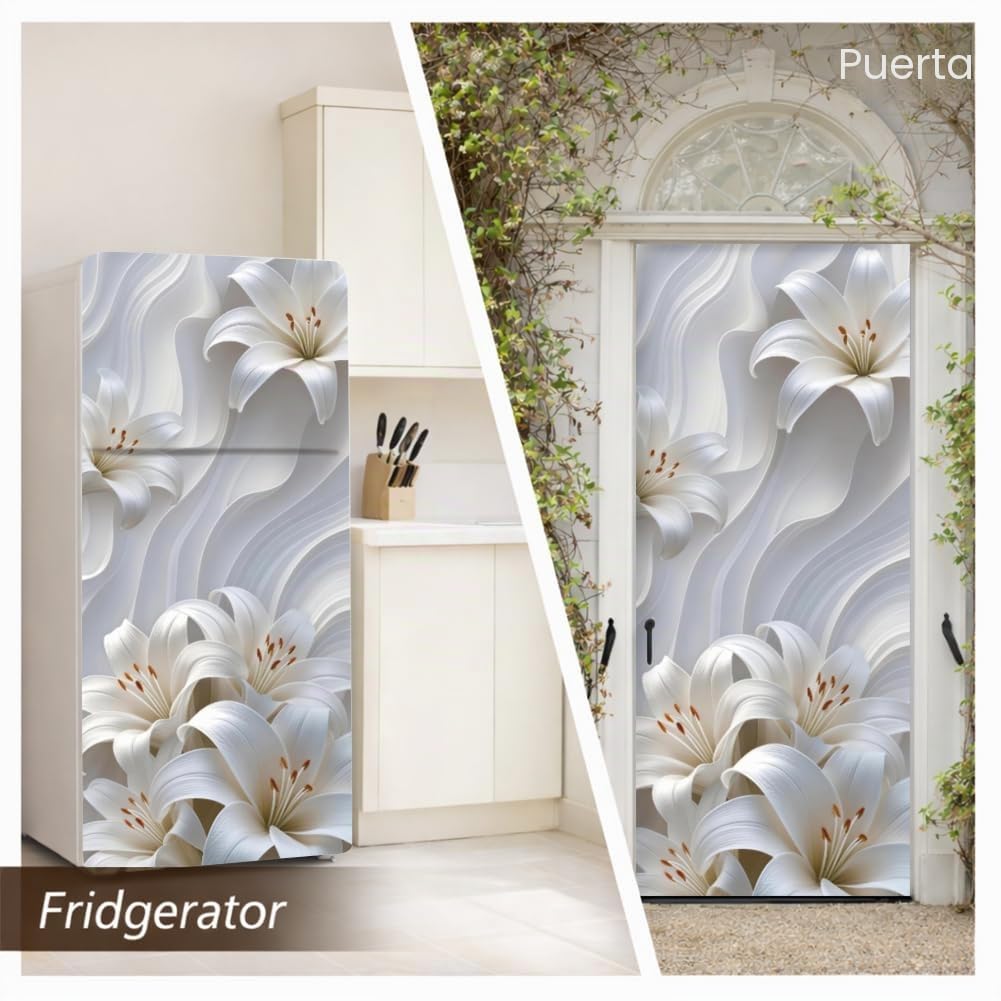 2 unidades de envoltura extraíble para nevera con diseño de flores de lirio, autoadhesivas, mural de vinilo para puerta de nevera, pegatina de cubierta de panel para congeladores, para