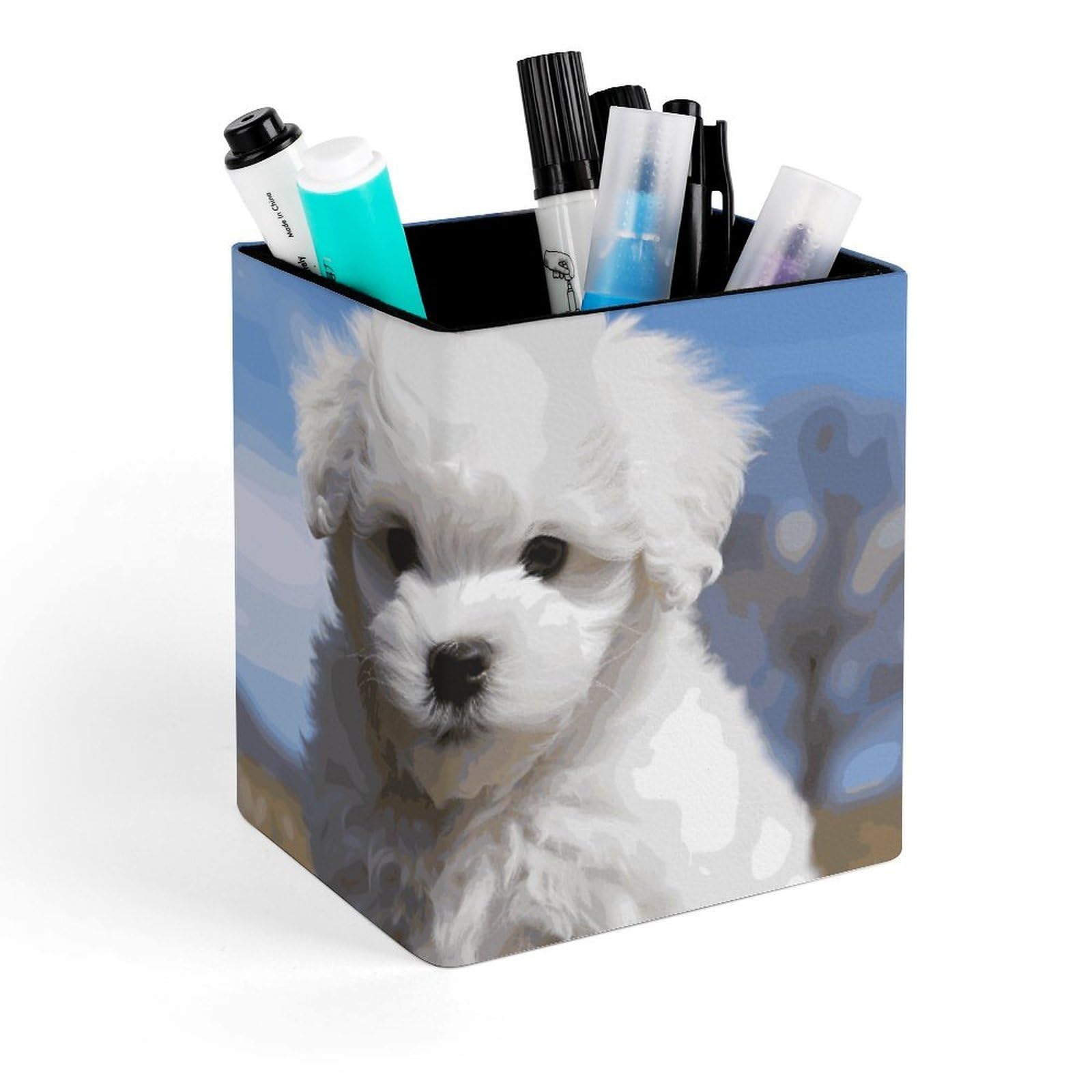 DWVTSLH Aesthetic Pen Holder for Desk - Modern Leather Pencil Holder - Stylish Square Makeup Brush Holder - Bichon Frise Dog Pen Cup Cute And Functional Desk Organizer for Office Supplies
