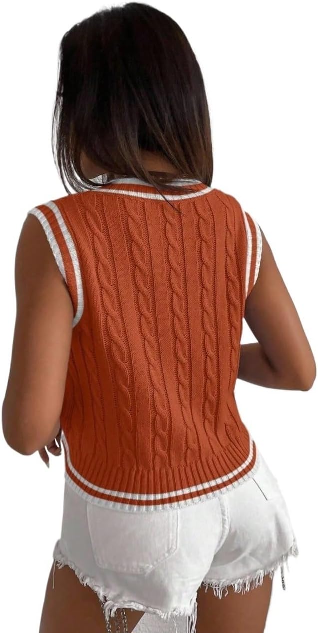 Women Fall Trendy Color V-Neck Sleeveless Knit Top Sweater Vest Top