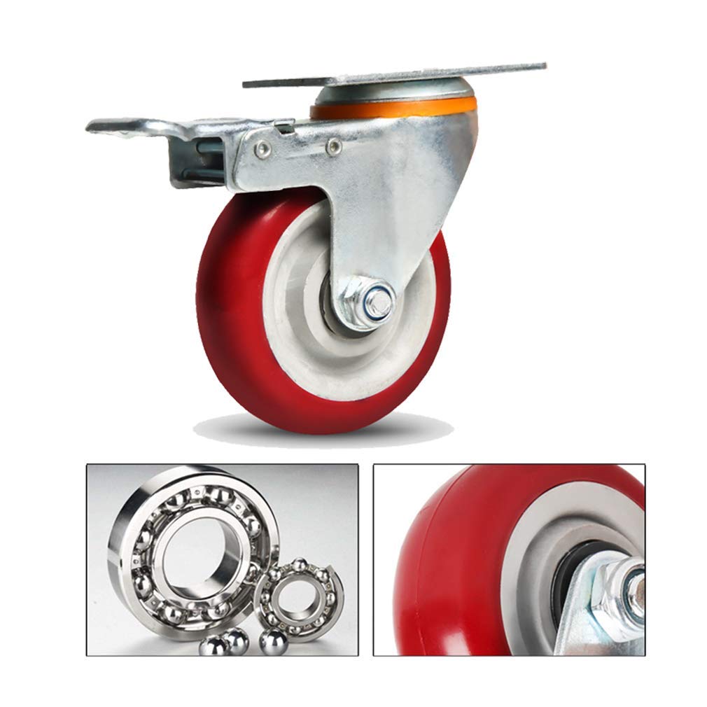 高耐久キャスター4個セット、フラットトロリースイベルキャスター、3-4-5インチのポリウレタンキャスター、ブレーキ付き300kgの頑
