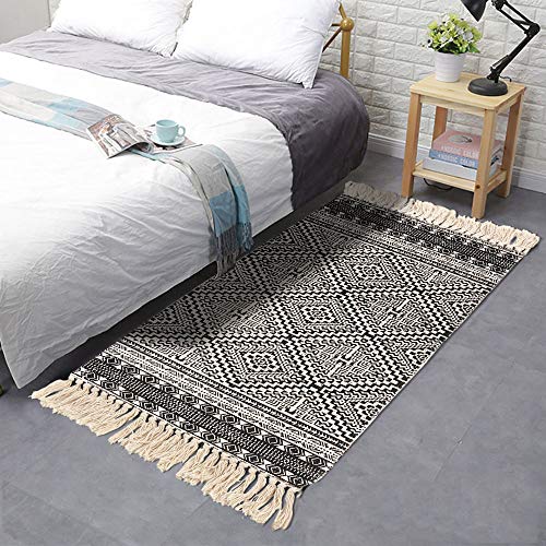 Seavish Boho Area Rug 2'W X 4.3'L Decorative Black And Cream Diamond Symmetry Kilim Rug Small Bedroom Rug Hand Woven Cotton Rug For Entryway Throw Rugs For Laundry Room Living Room Bathroom Dorm #TOP4