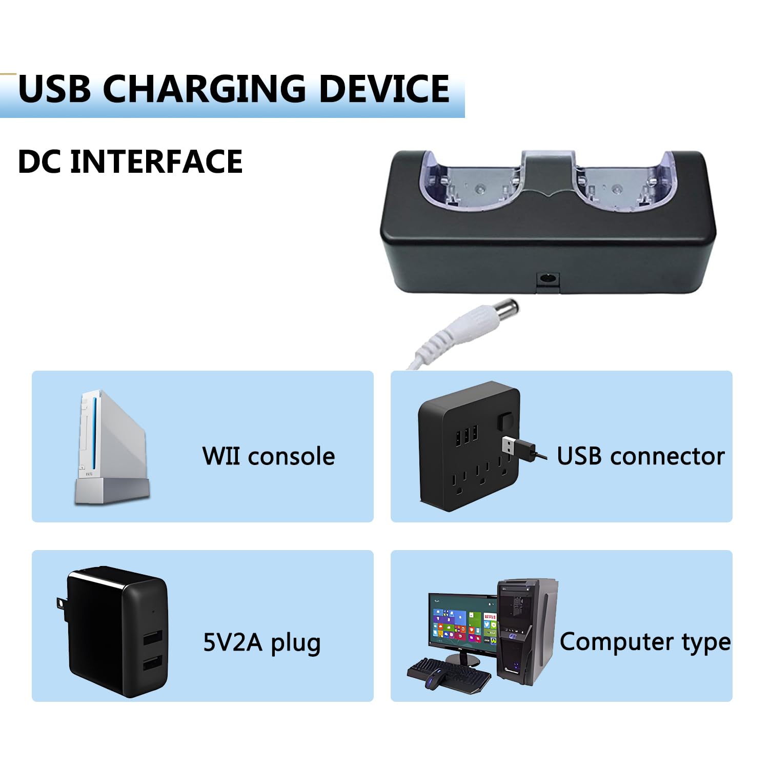 Station de Recharge 2-en-1 pour Deux manettes Wii avec 2 Batteries, Noire | 2 batteries rechargeables de 2800 mAh, charge automatique et simultanée, conçue pour les télécommandes de jeu Wii