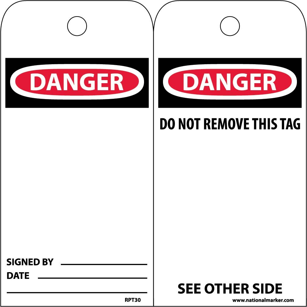 NMC RPT30 Accident Prevention Tag, Danger", 3" Width x 6" Height, Unrippable Vinyl, Black/Red on White (Pack of 25)