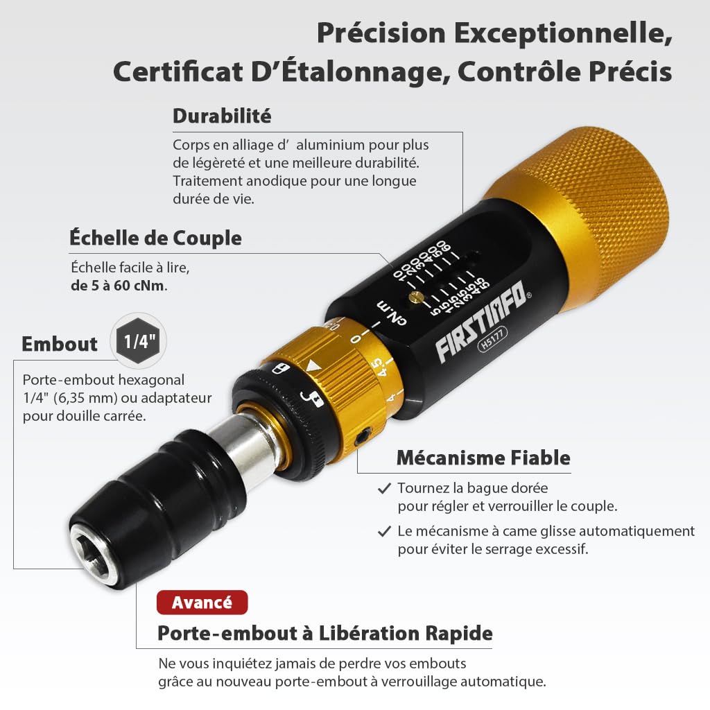 FIRSTINFO Tournevis Dynamométrique de Précision 1/4" Hex 5-60 cNm ASME ISO