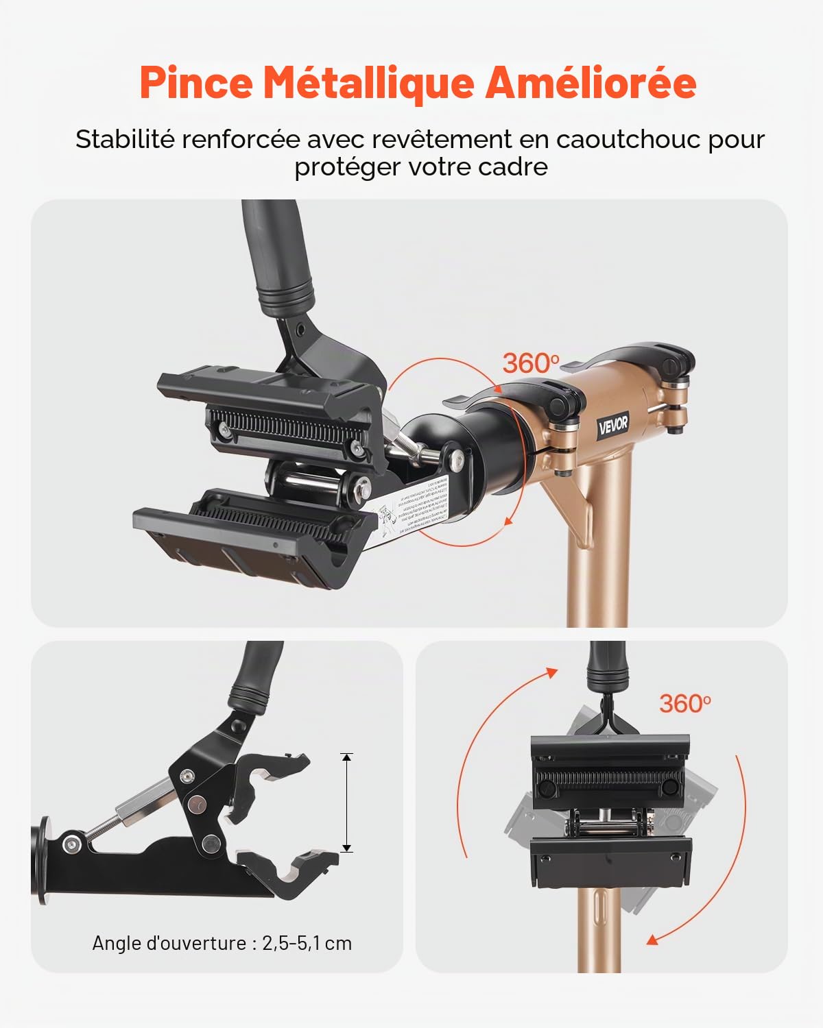 VEVOR Pied d'atelier vélo pliable, hauteur réglable de 1025-1510 mm, support de réparation de vélo robuste, charge 49,9 kg, stand de bicyclettes avec grand plateau à outils, pour VTT et vélos de route