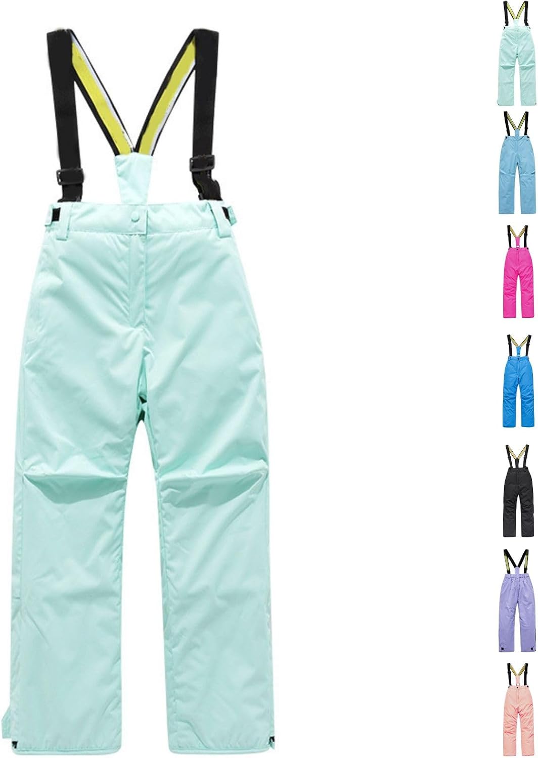 Kids Snow Bibs Insulated Windproof Overalls Snowboard Winter Adjustable Ski Snow Bibs Pants with Pockets (Mint Green, 12-13 Years)