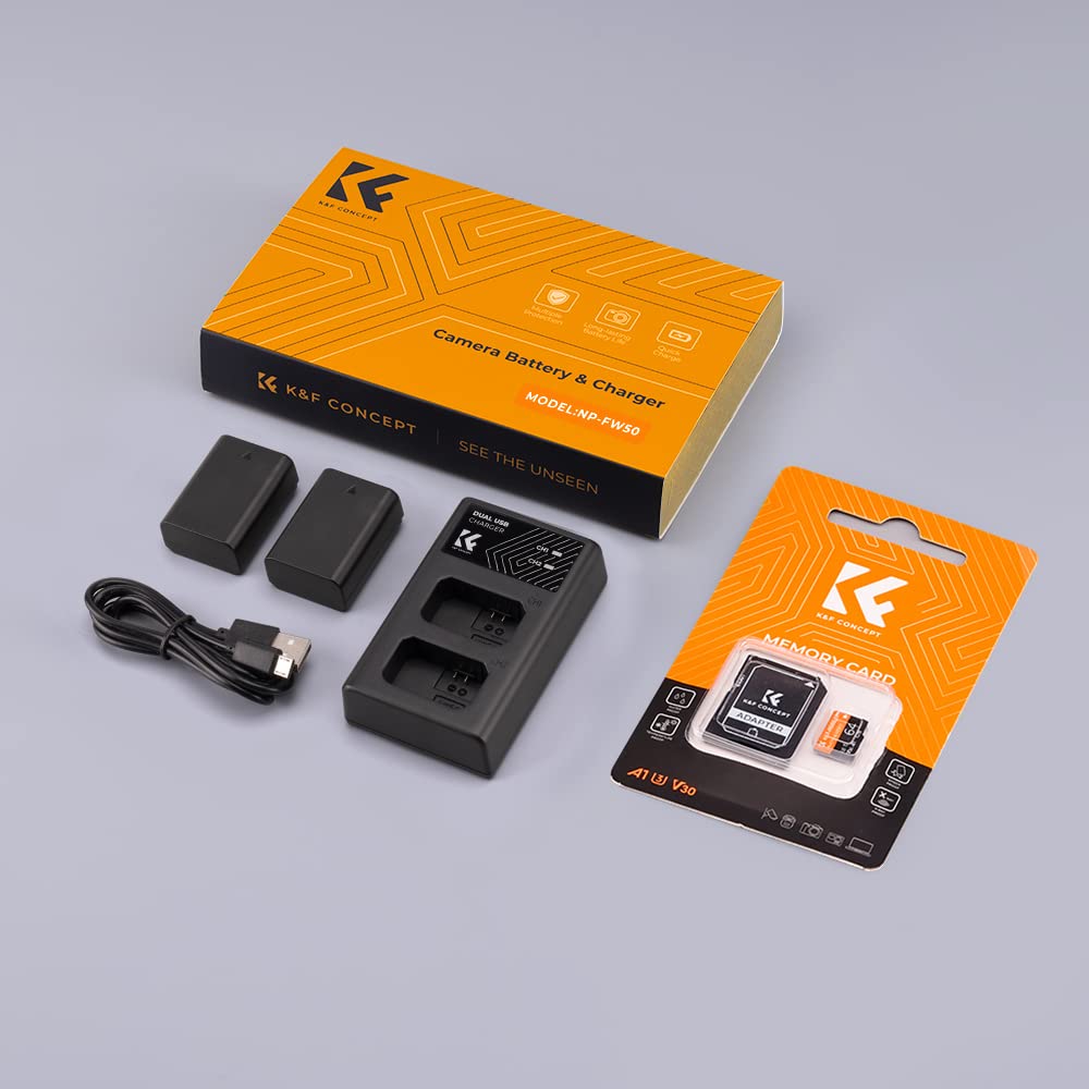 K&F CONCEPT NP-FW50 ładowarka do aparatu, bateria 1100 mAh, 2 sztuki zestaw do ładowania do Sony ZV-E10 A6000, A6500, A6300, A6400, A7, A7II, A7RII, A7SII, A7S, A7S2, A7R, A7R2, A55, A5100
