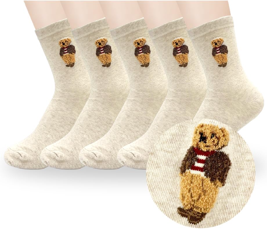 5 Pairs Cute Bear Cotton Crew Socks, Size 4-7