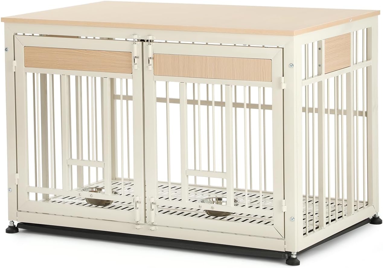 48 Inch Heavy Duty Dog Crate Furniture with Removable Tray & 2 Feeders, Decorative Pet House End Table, Extra Large Wooden Cage Kennel Furniture Indoor, Natural and White