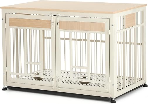 48 Inch Heavy Duty Dog Crate Furniture with Removable Tray & 2 Feeders, Decorative Pet House End Table, Extra Large Wooden Cage Kennel Furniture Indoor, Natural and White