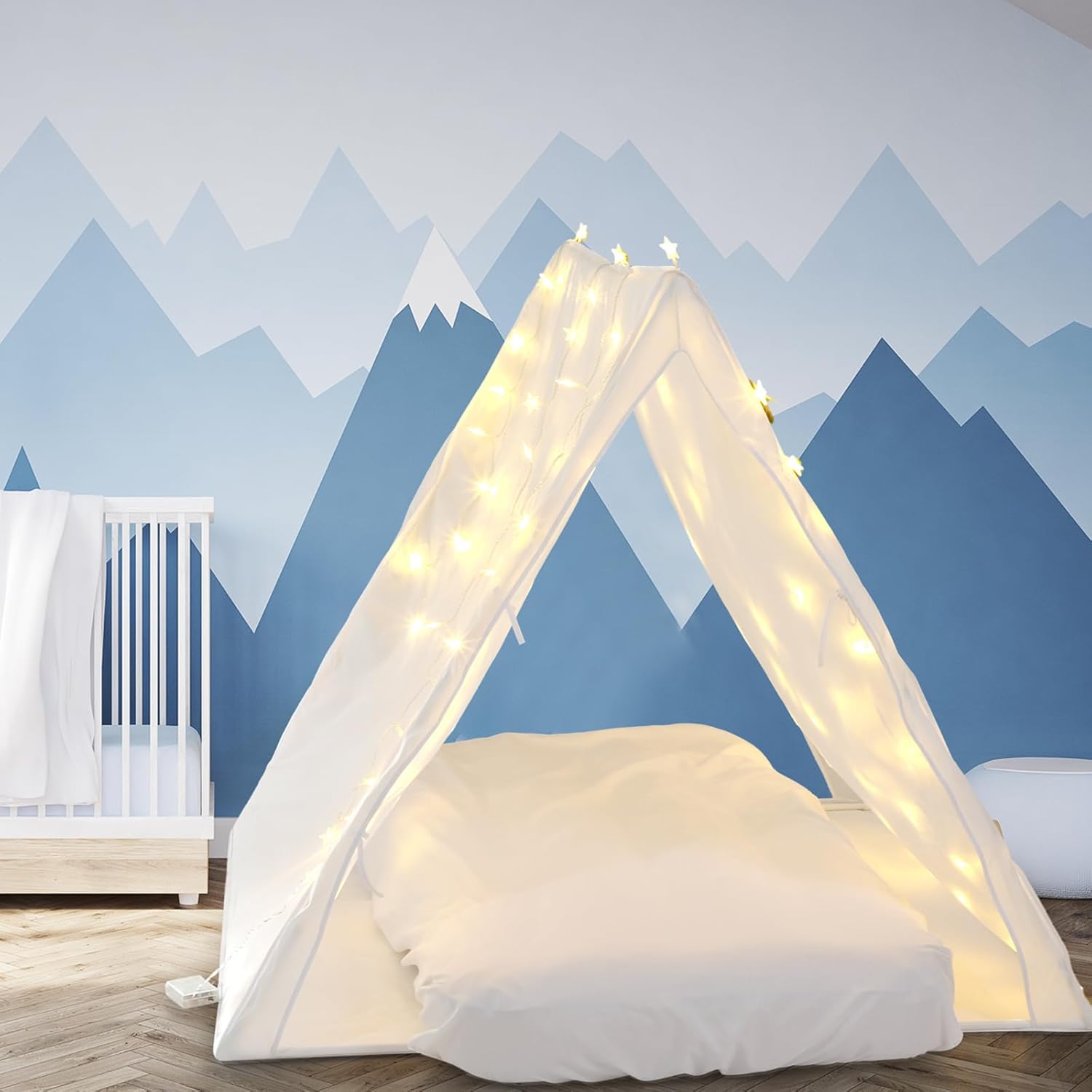 5 Pcs Sleepover Tent Set Includes Teepee Tent Inflatable Airbed (with Air Pump) 2 Fitted Sheets Star Decorative Lights, Travel Bed Inflatable Suitable Indoor Outdoor
