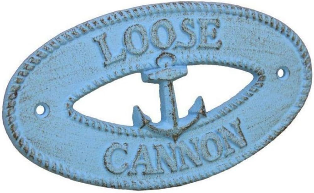 Hampton Nautical K-9310-solid-light-blue Rustic Light Blue Cast Iron Loose Cannon with Anchor Sign 8" - Decorative Metal Wall Art - Cast Iron