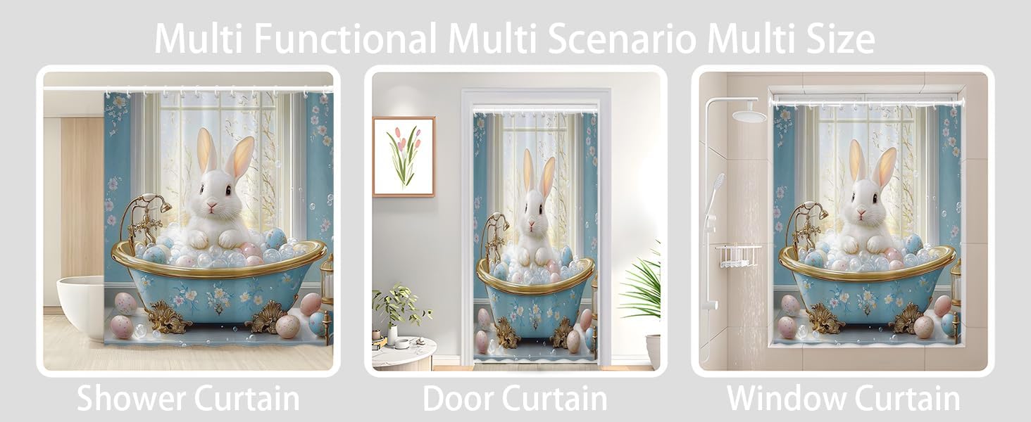Funny Bunny Take Bath Shower Curtain Cute Rabbit Egg Happy Easter Animal Polyester Bathroom Curtains Set with Hooks 80"x70"