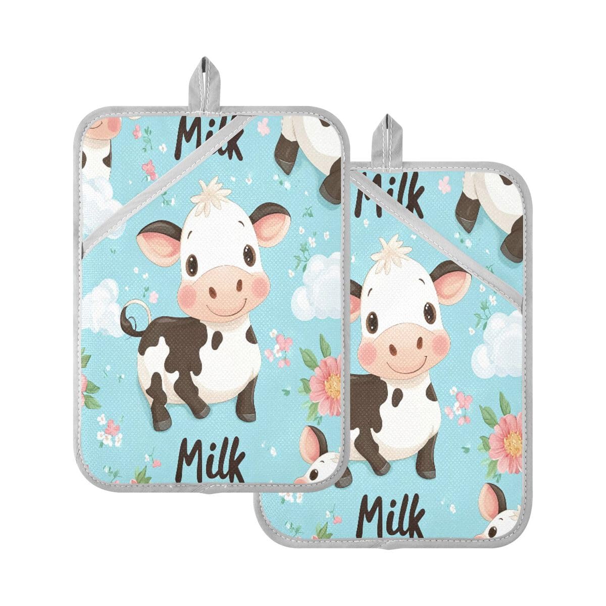 JUMBEAR Cute Cartoon Cow Pot Holder Set with Pocket for Kitchen,Heat Resistant Potholder Kitchen Oven Mitts Hot Pads Trivet for Baking Cooking 7''x9''