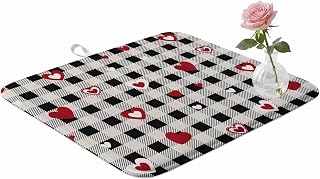 Valentine's Day Dish Drying Mat for Kitchen Counter Red Love Heart Black White Buffalo Plaid Super Absorbent Microfiber Coffee Bar Mat Washable Dish Drainer Rack Mat, 1 Pack, 16" x 18"