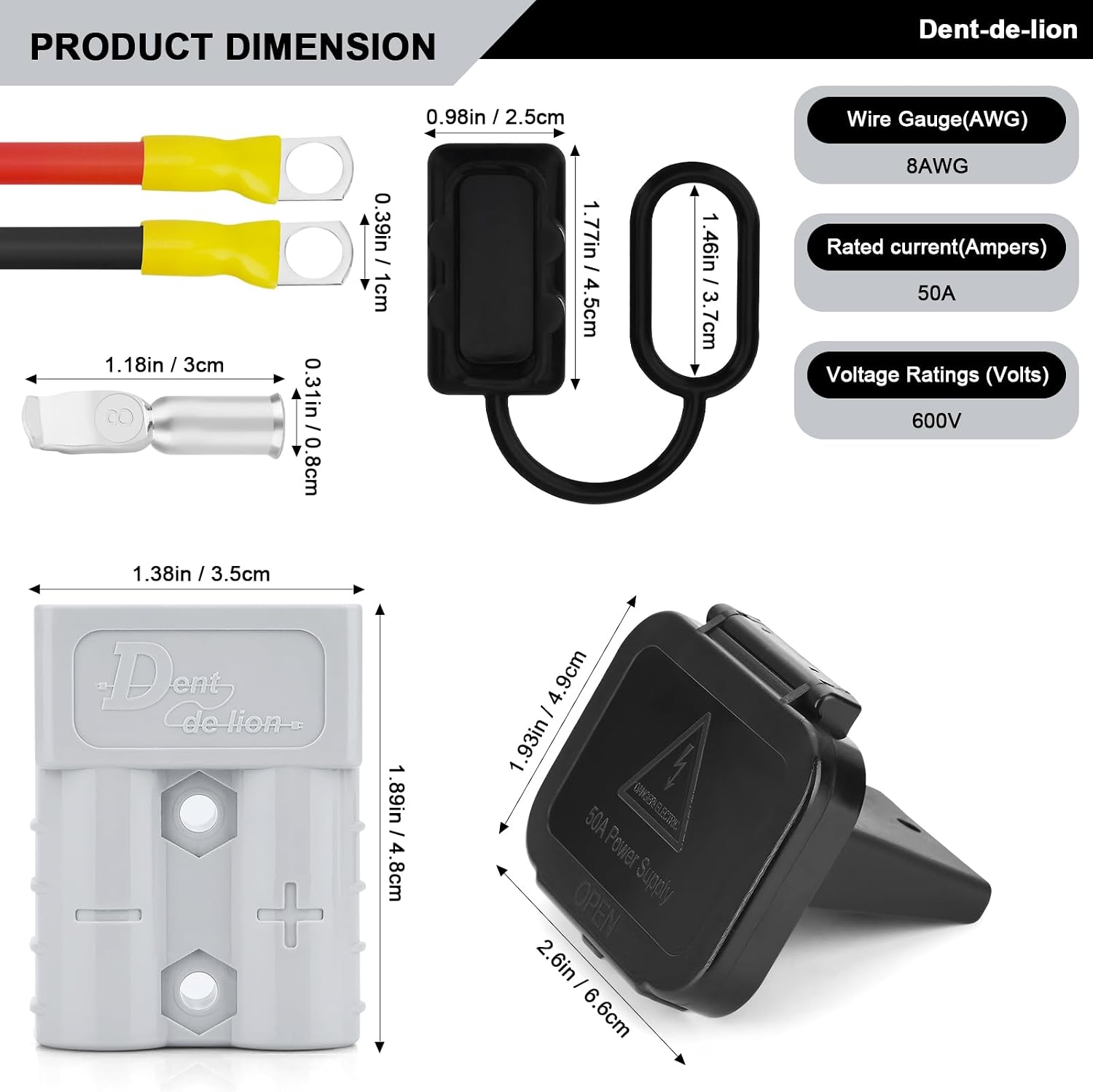1 Pair 50Amp Battery Quick Connect Disconnect Connector,8 AWG, 1.3 FT Battery Cable Connector, 600 V Battery Disconnect Wire Harness Plug Kit with Cover Dust/Mounting Bracket