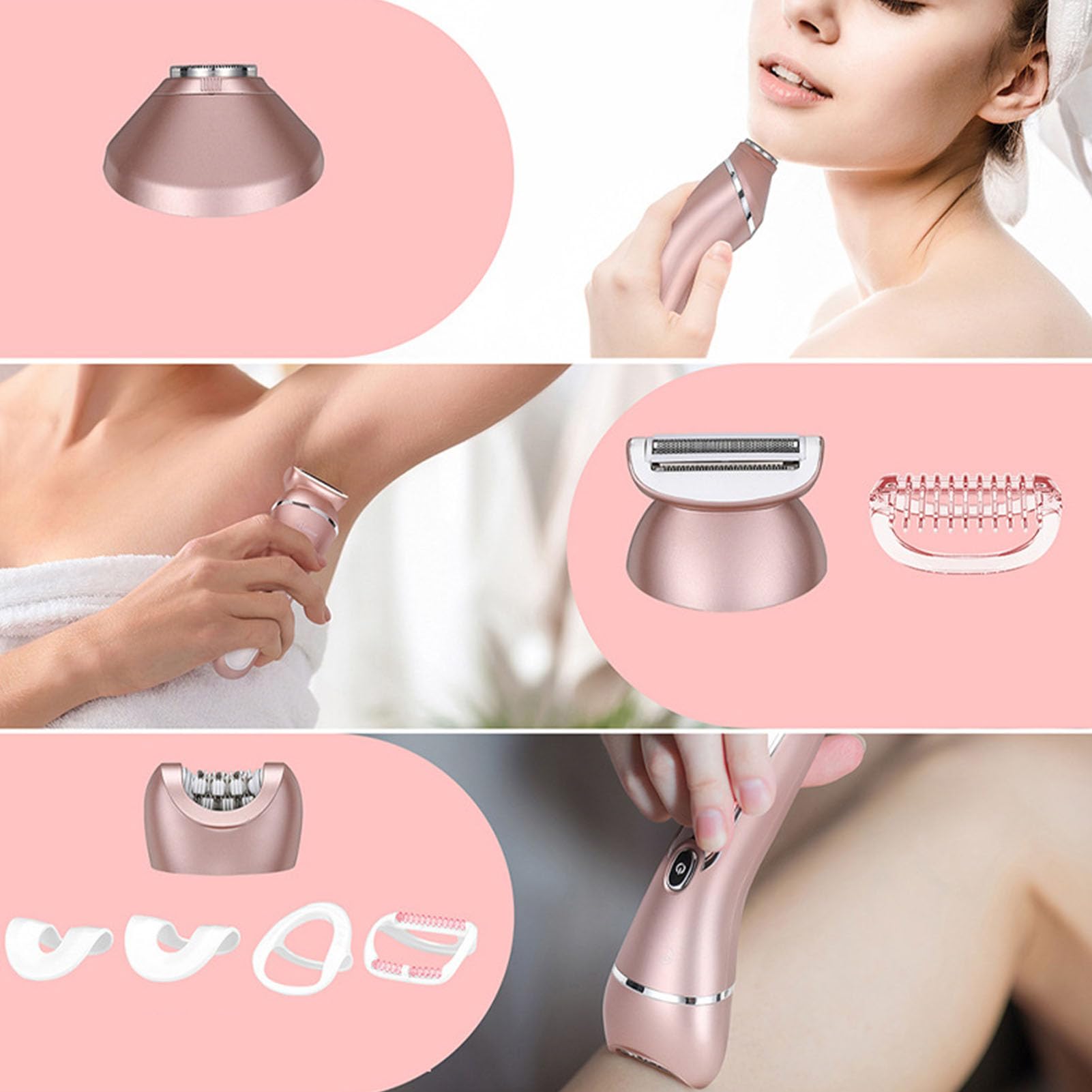 3-in-1 Elektrischer Bikini-Trimmer für Damen, Haarschneider, Schmerzfreie Entfernung, Nicht, Wiederaufladbar, Bikini-Trimmer mit 3 Köpfen, Rosa