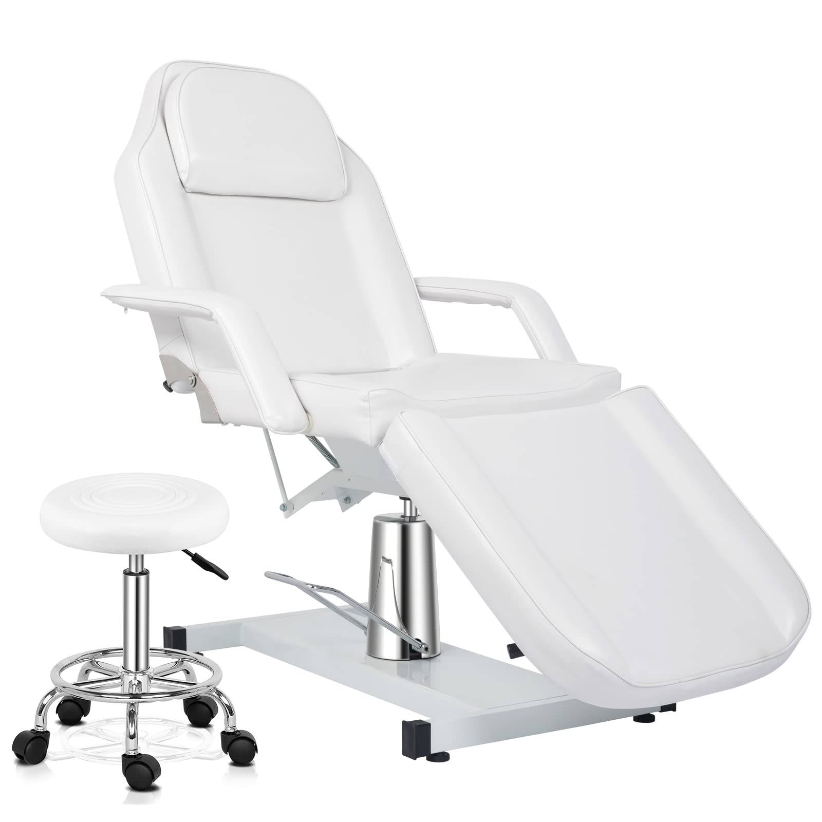 OmySalon Hydraulic Tattoo Chair Esthetician Bed w/Stool, Multi-Purpose 3-Section Facial Bed Table, Adjustable Beauty Salon Spa Massage Beauty