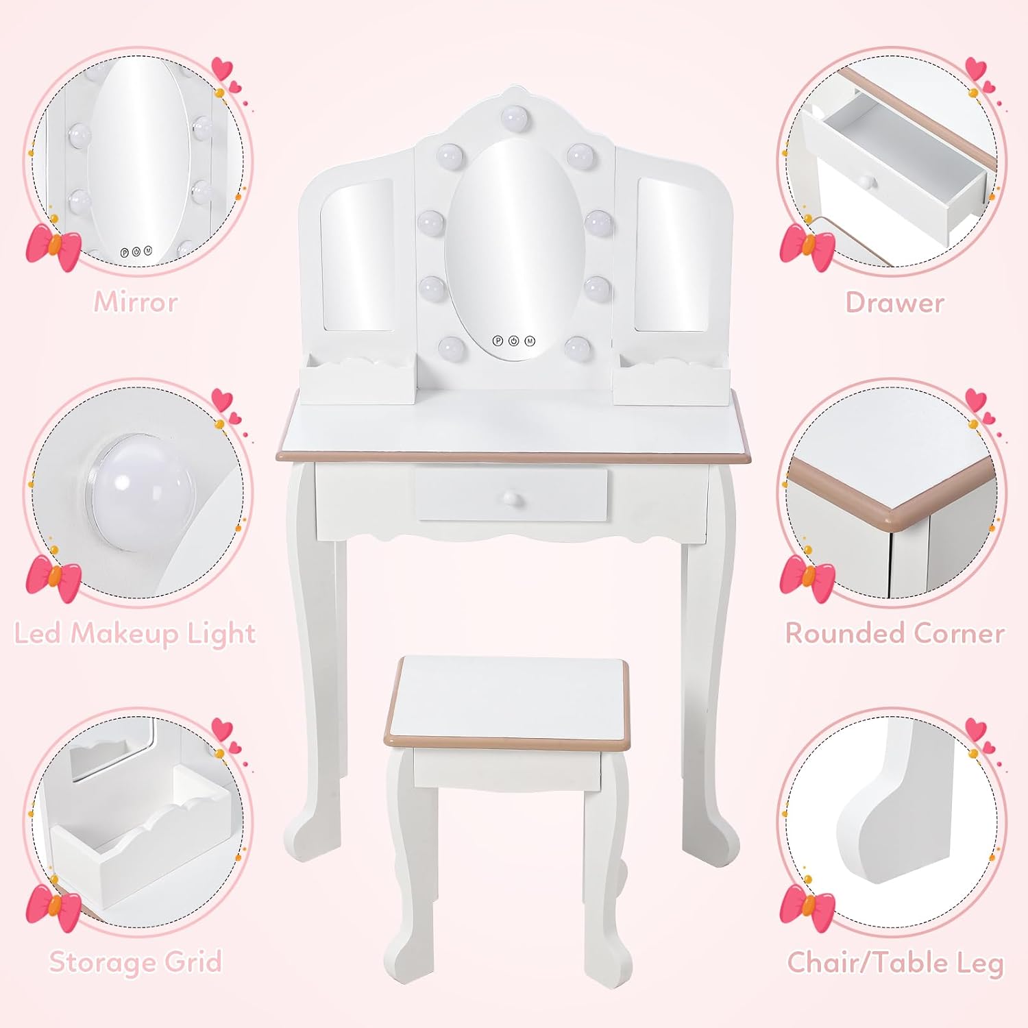 Kids Vanity with 3 Mirrors and Stool, Girls Vanity with Wood Makeup Playset, Princess Vanity Table for Toddlers, White