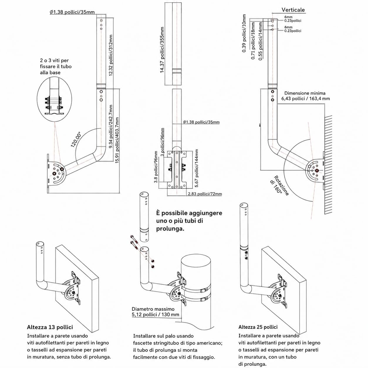 Palo antenna universale per TV, satellite, radio, antenne WiFi, Star-link | Supporto a parete per antenna regolabile, Palo per antenna, Supporto per antenna