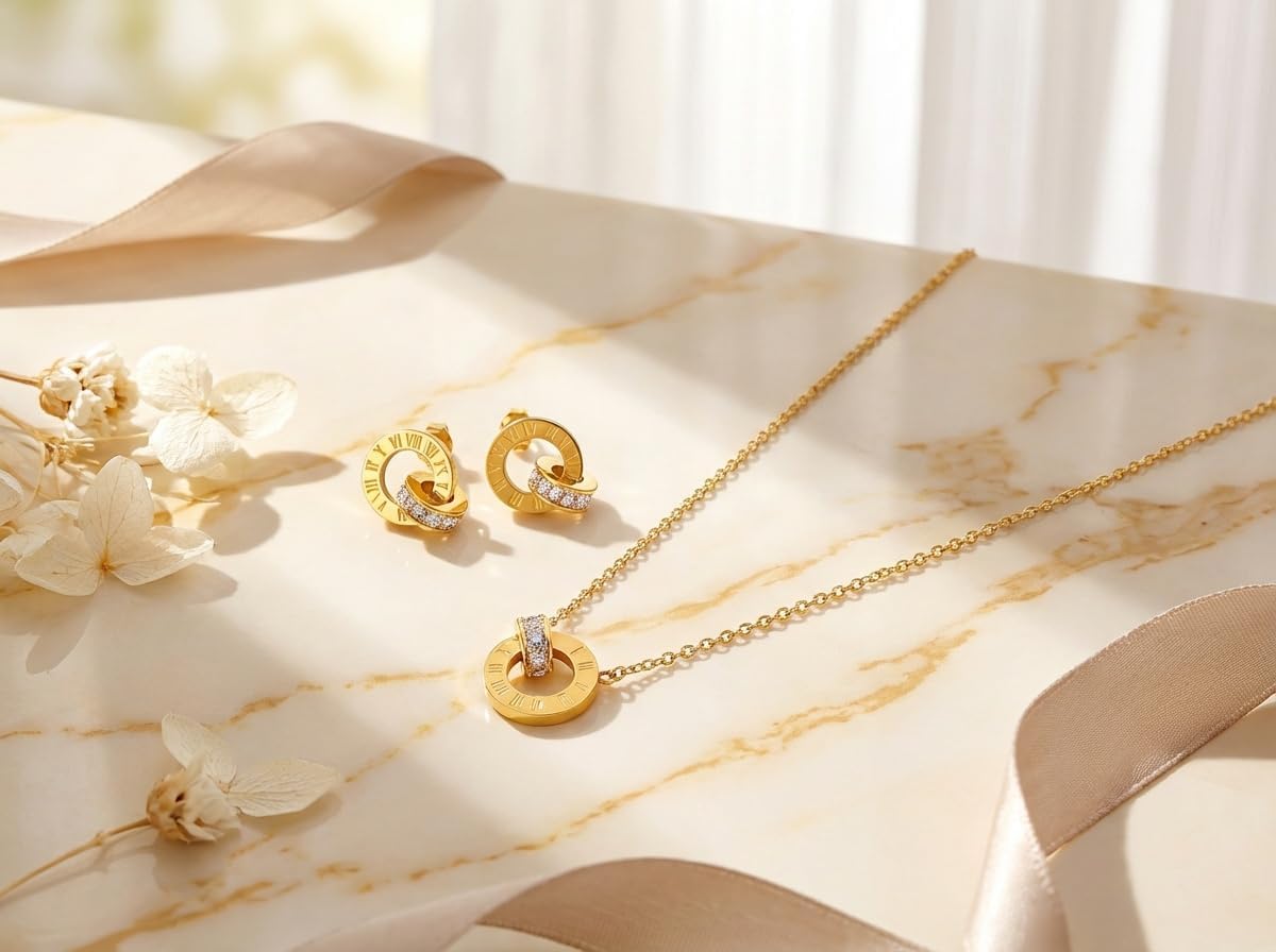 Gold Tone Jewelry Set with Roman Numeral, Dainty Design 18 Inch Chain Necklace and Earrings with Crystals - 18K Stainless Steel Gold-Plated Chain Trendy Gifts for Women (Earrings & Necklace Set) - Image 5