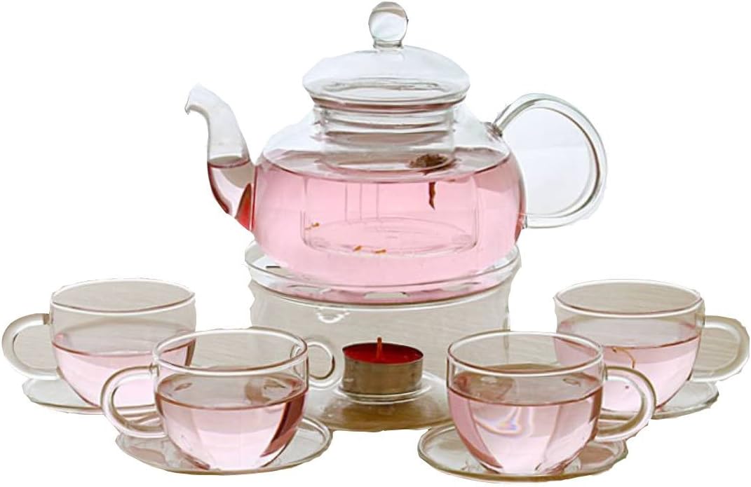 Set B Heat Resistant Elegant Glass Tea Pot Set Infuser Teapot 600 ml +Warmer+4 Clear Tea Cups with Saucer 80 ml