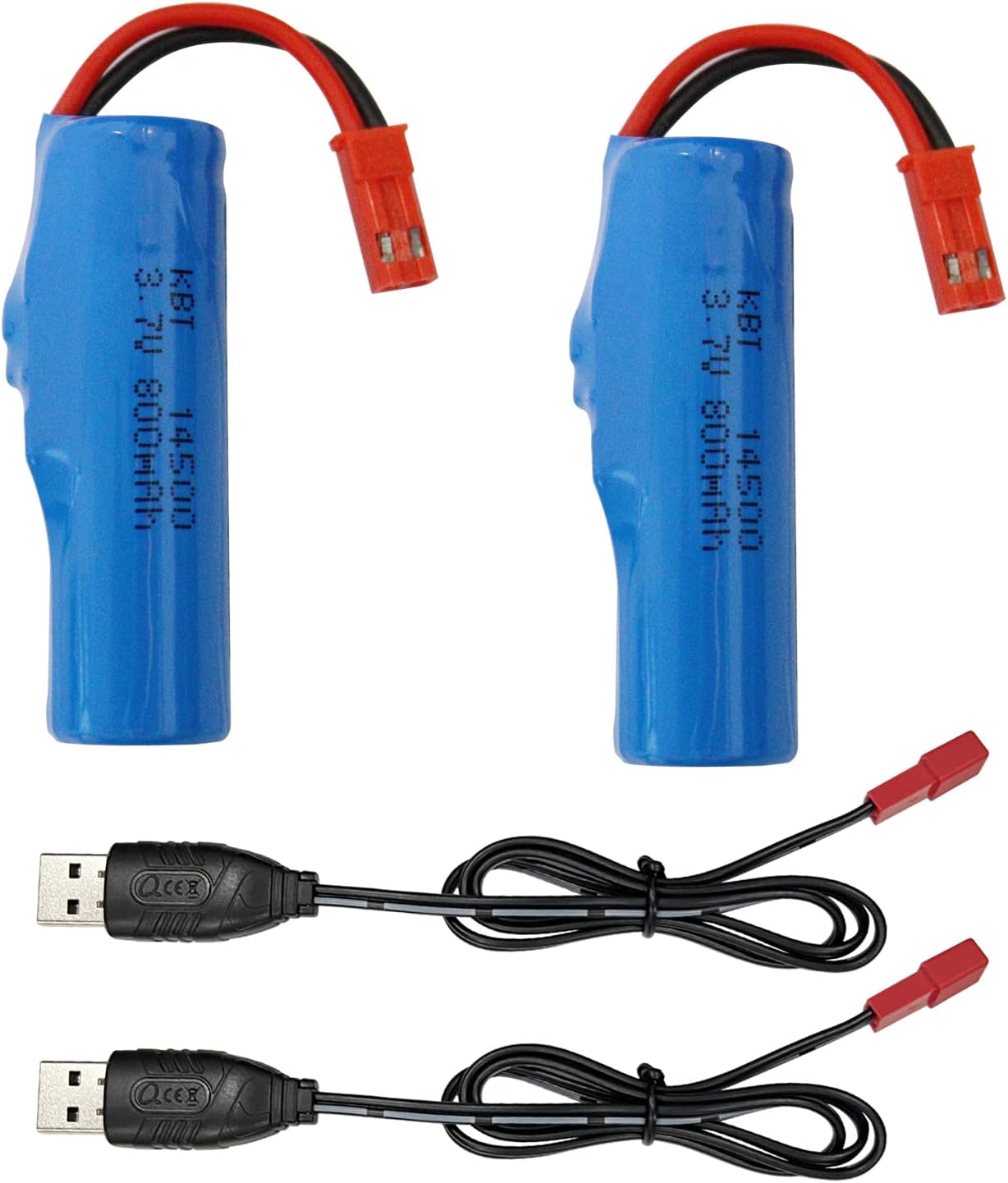 KBT 2Pack 3.7V 800mAh 10C High Drain Li-ion Rechargeable Battery with JST 2Pin Connector & USB Charging Cable for RC Car Toy RC Construction Trucks