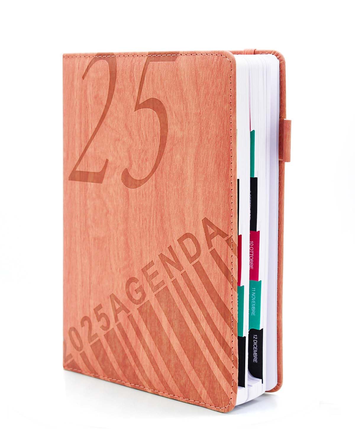 HW CASA Agenda Giornaliera 2025 Taccuino,Formato A5,200 Pagine Agenda Giornaliera,Copertina in Pelle PU Goffrata con Venature del Legno,Design a Pagina Singola ed Etichette Mensili Colorate,Rosa
