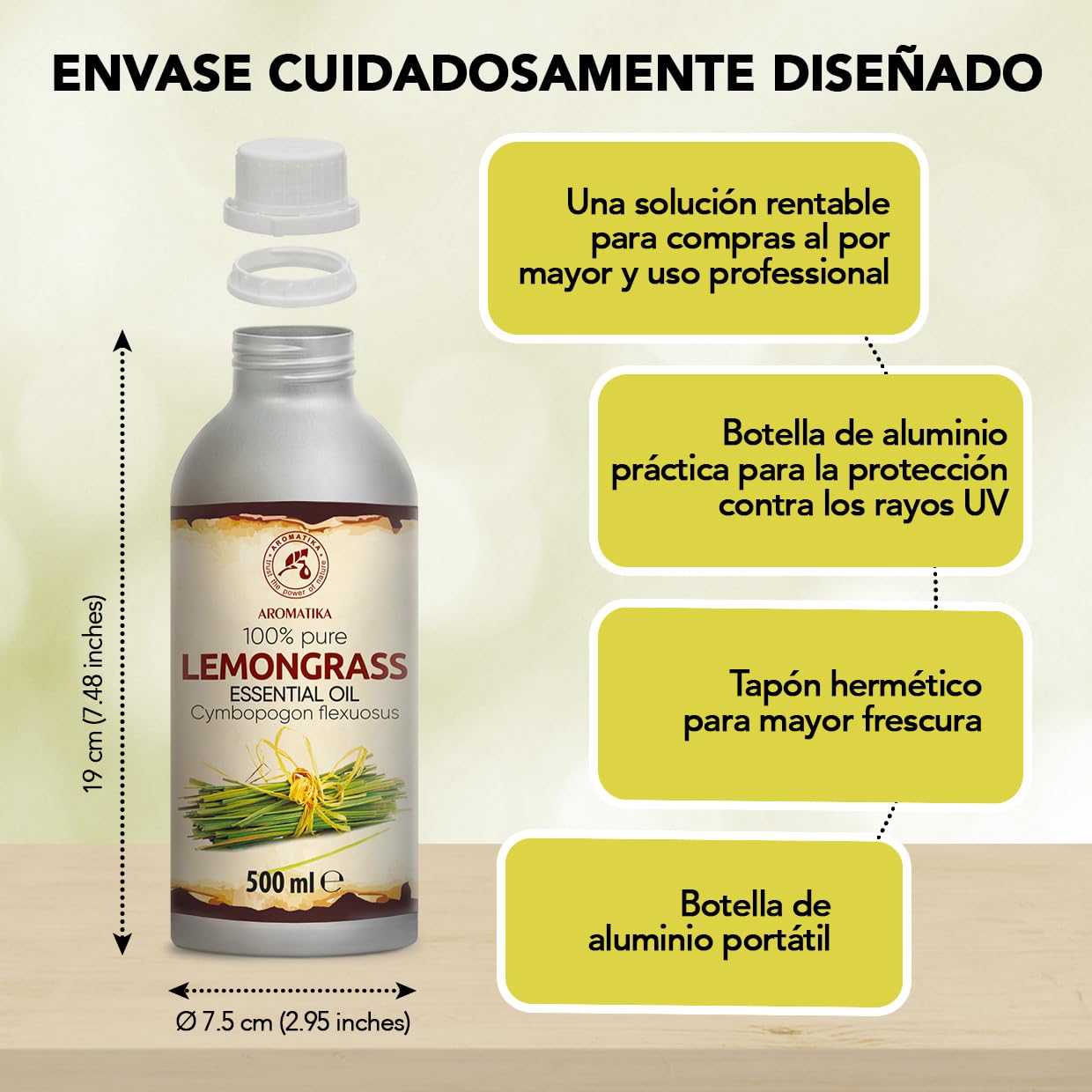 Aceite Esencial de Hierba de Limón 500 ml - Cymbopogon Flexuosus - Natural y Puro - Aceites Esenciales para Difusores - Fragancias para el Hogar - Jabones y Velas - Sauna - Aroma fresco - Aromaterapia