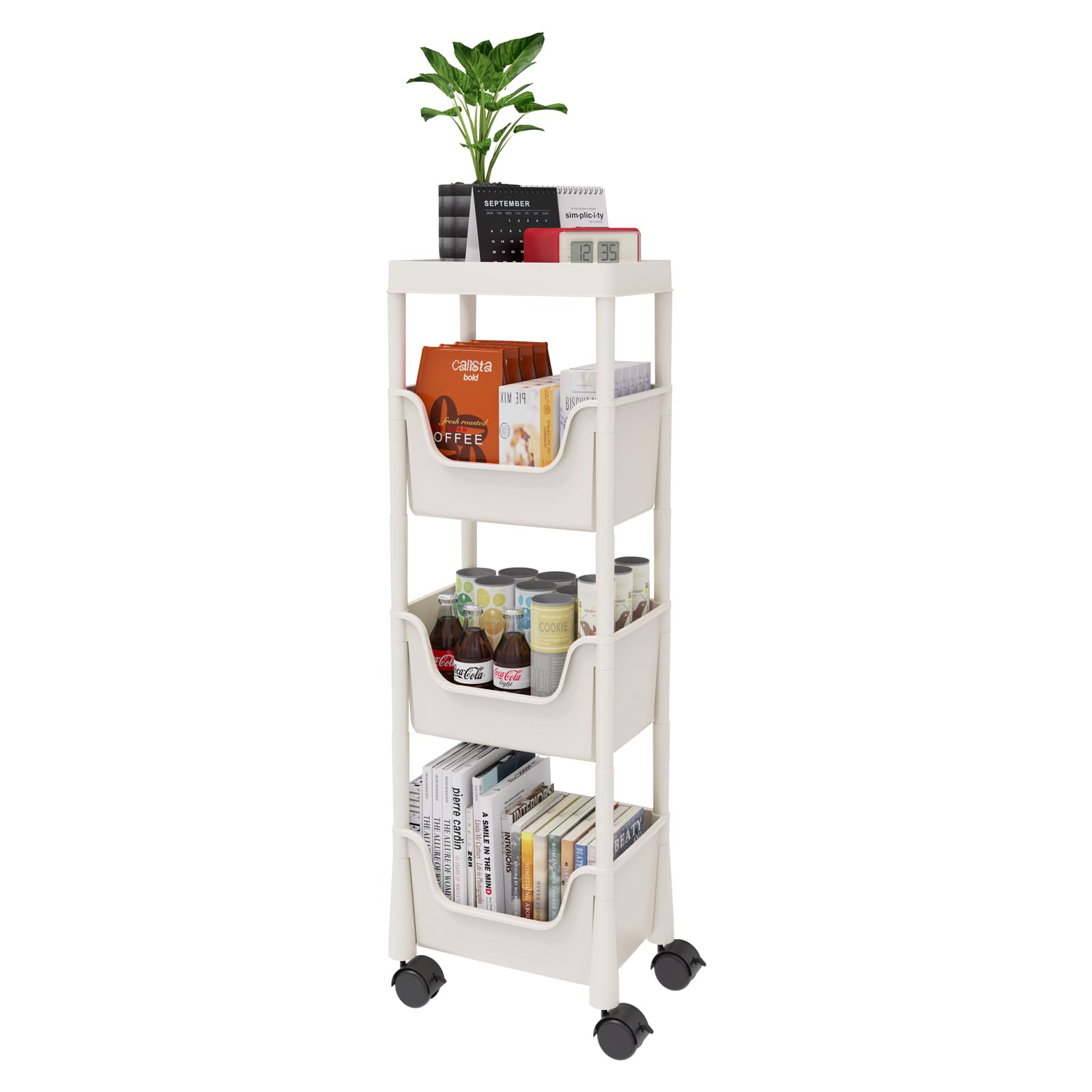 Nervure 4-Tier Plastic Rolling Utility Cart - Multifunctional Storage Cart with Lockable Wheels, Storage Cart Organizer fo...