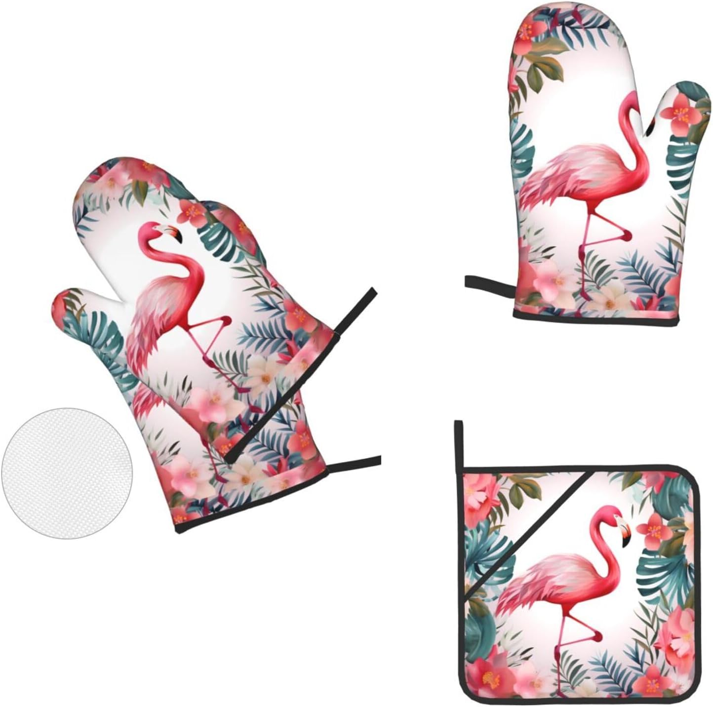 (Floral with Flamingo) Baking 4-Piece Set: 2 Oven Mitts and 2 Pot Holders Heat Resistant Waterproof Hanging Loop for Kitchen Oven Grill Housewarming Gifts